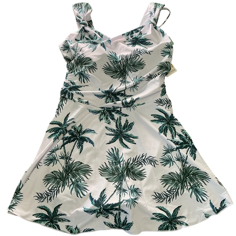 SHEKINI Palm Tree Print Ruched Swim Dress Skirtini Tummy Control Size MED‎ White